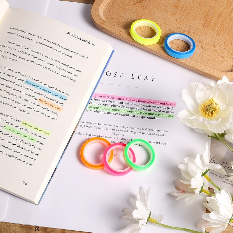 KINBOM 5 Rolls Removable Neon Fluorescent Tape, 5 Colors Transparent Colored Tape Highlighter Tape Roll for Books, Teachers, Bible, Reading, Textbooks, School, Home, Office (0.24inch x 16.4ft) - Image 3
